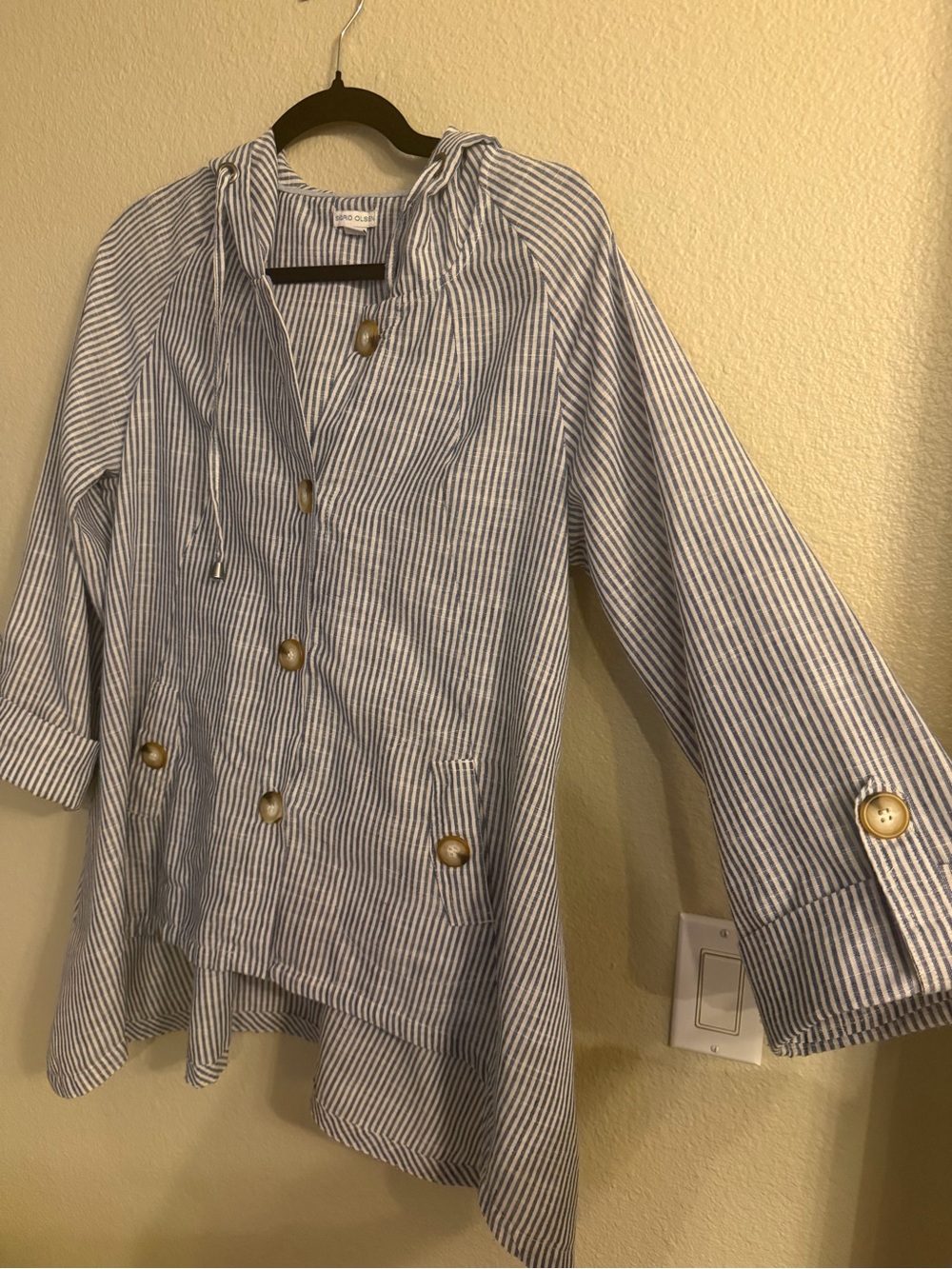 Sigrid Olsen Blue and White Striped Hooded Seersucker Jacket Size M Cotton-Linen - Picture 3 of 9